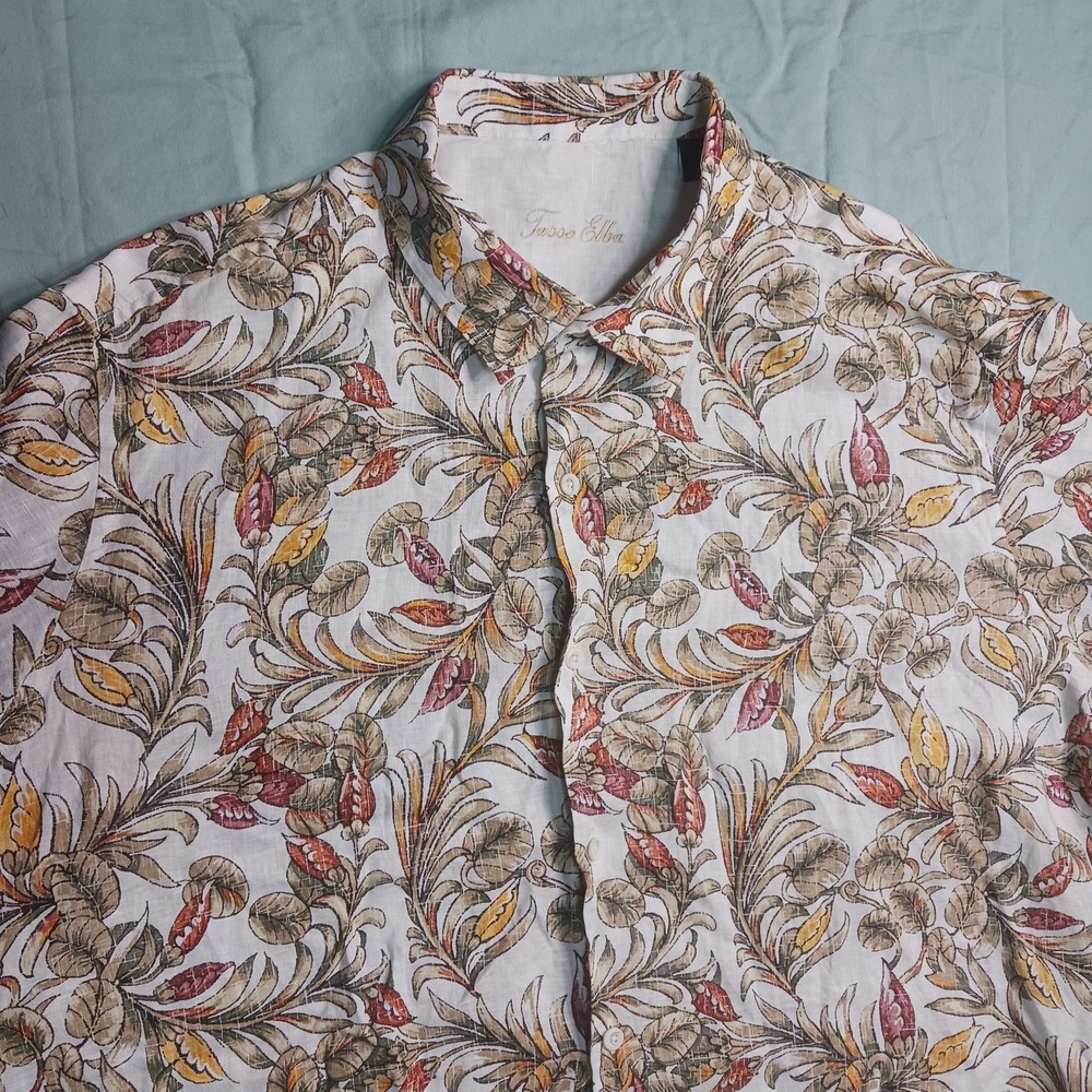 TASSO ELBA 100% Linen Short Slv Shirt Ivory Red Floral Casual wear Mens Sz XXL